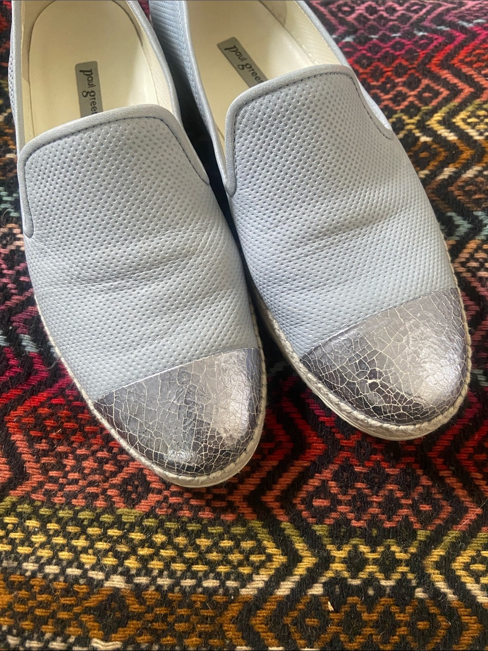 Paul Green Baby Blue Leather Slip-On Flats with Metallic Silver Toe Cap - Picture 2 of 13